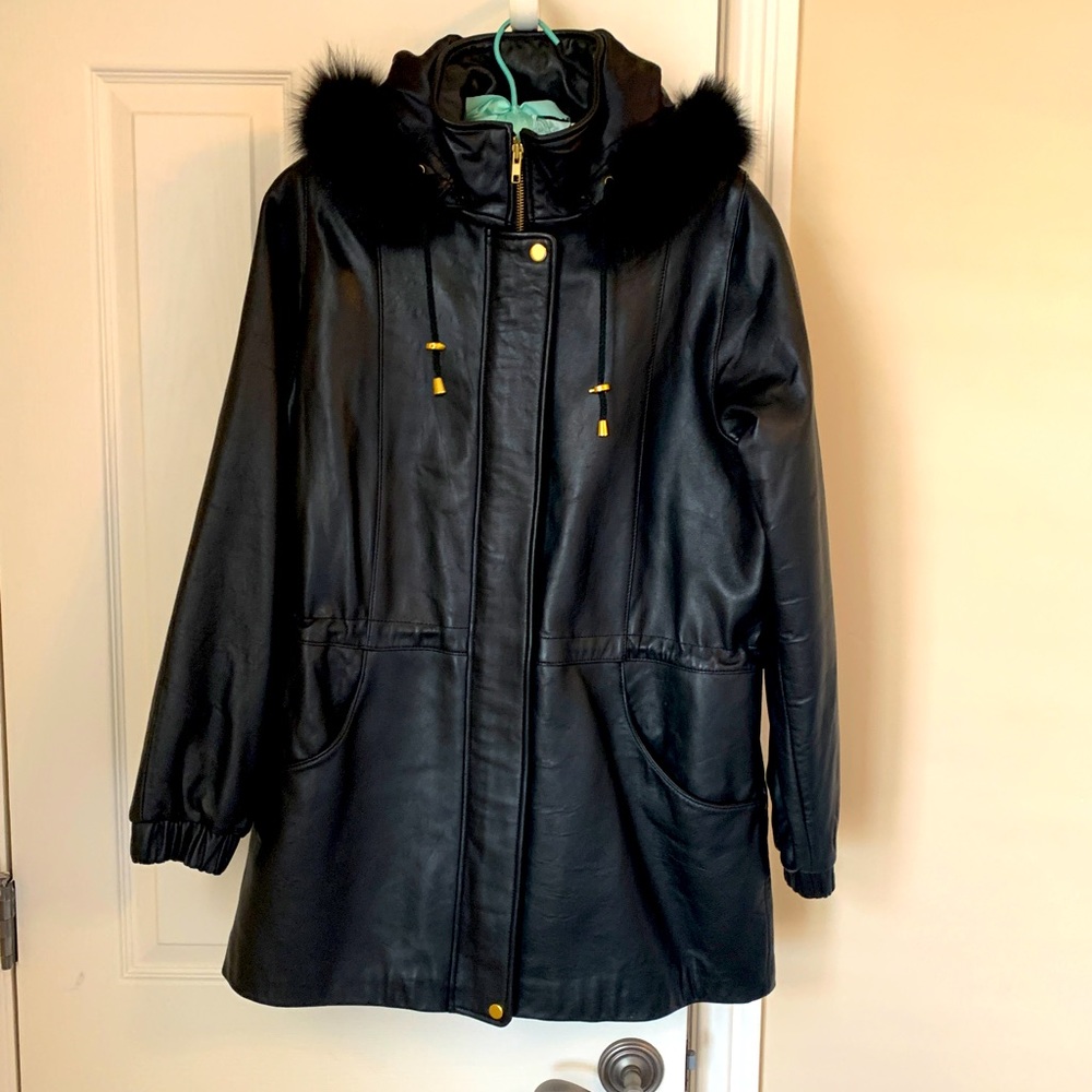 Genuine Lambskin Leather & Fox Fur Trimmed Coat